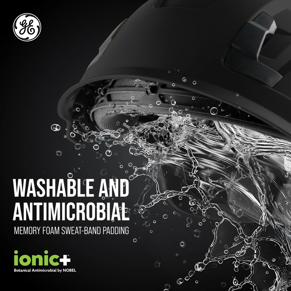 black, Vented | instructional infographic with care guidelines | Vented Type 1 Safety Helmet with Koroyd — GE PPE GH400, ANSI Z89.1-2014 Class C | GH400BK