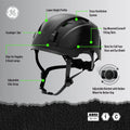 black, Vented | side view with labeled features | Vented Type 1 Safety Helmet with Koroyd — GE PPE GH400, ANSI Z89.1-2014 Class C | GH400BK
