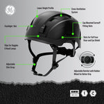 black, Vented | side view with labeled features | Vented Type 1 Safety Helmet with Koroyd — GE PPE GH400, ANSI Z89.1-2014 Class C | GH400BK
