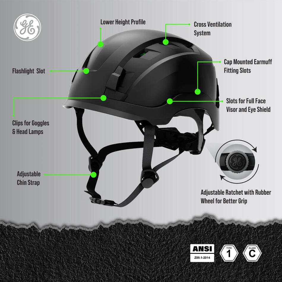 black, Vented | side view with labeled features | Vented Type 1 Safety Helmet with Koroyd — GE PPE GH400, ANSI Z89.1-2014 Class C | GH400BK