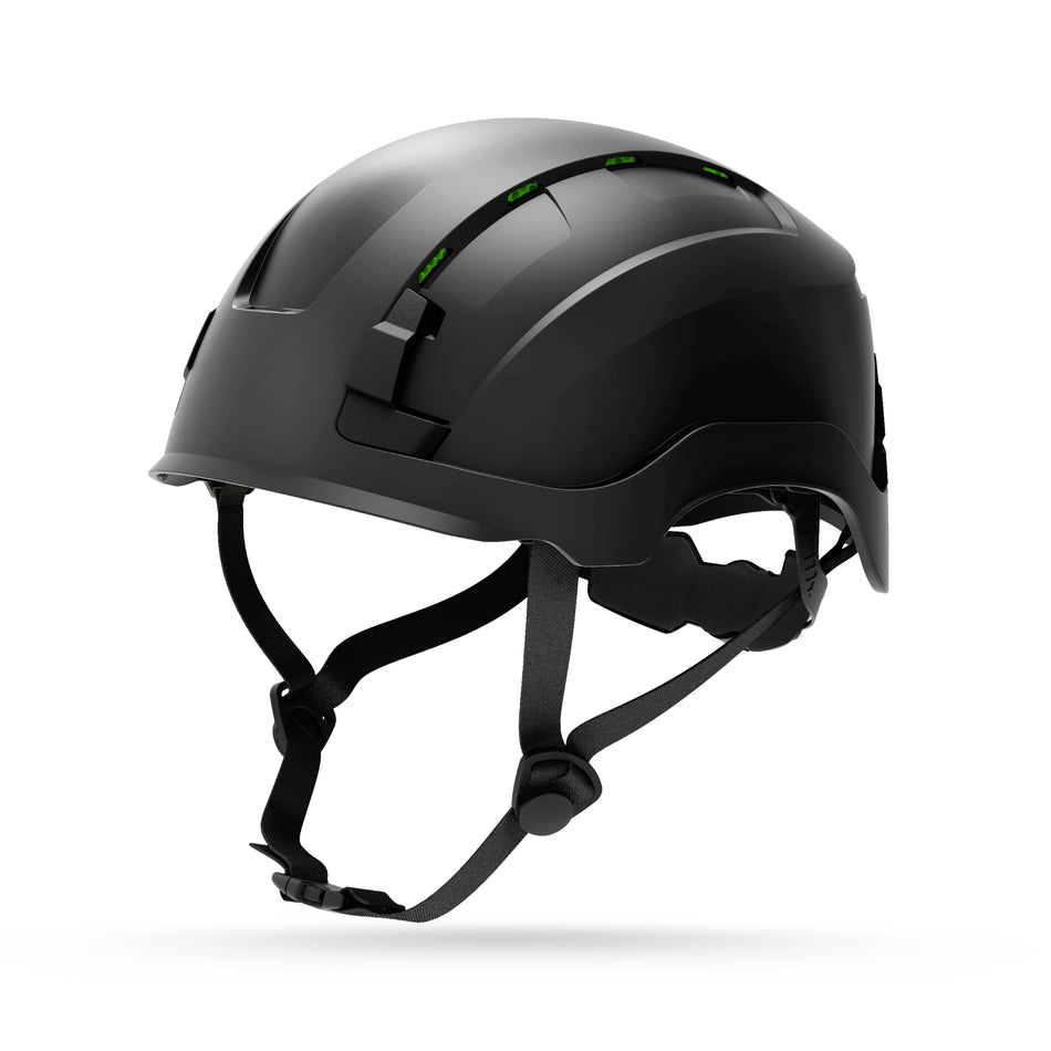 black, Vented | three-quarter view showing ventilation details and straps | Vented Type 2 Safety Helmet with Koroyd — GE PPE GH500, ANSI Z89.1 Class C | GH500BK