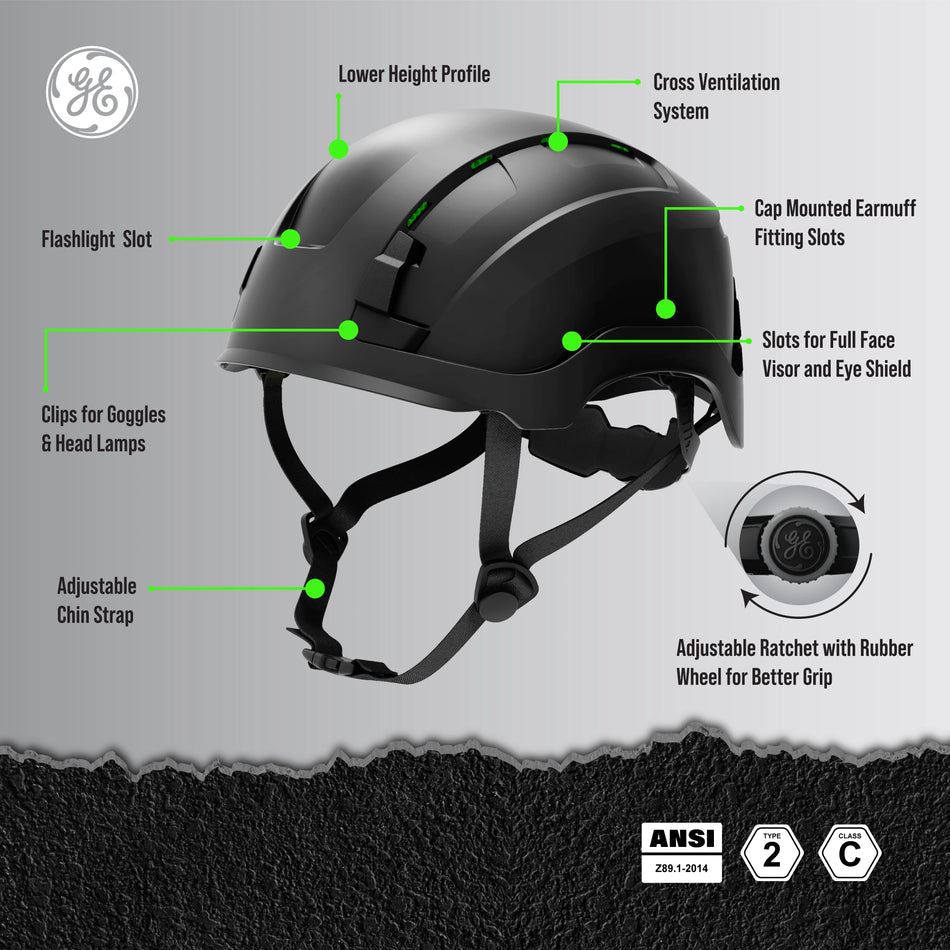 black, Vented | three-quarter view with labeled features | Vented Type 2 Safety Helmet with Koroyd — GE PPE GH500, ANSI Z89.1 Class C | GH500BK
