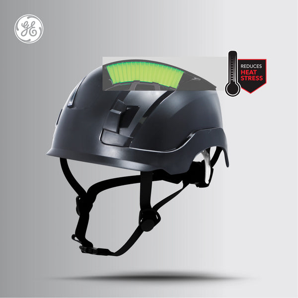 black, Vented | worker wearing helmet on construction site | Vented Type 1 Safety Helmet with Koroyd — GE PPE GH400, ANSI Z89.1-2014 Class C | GH400BK