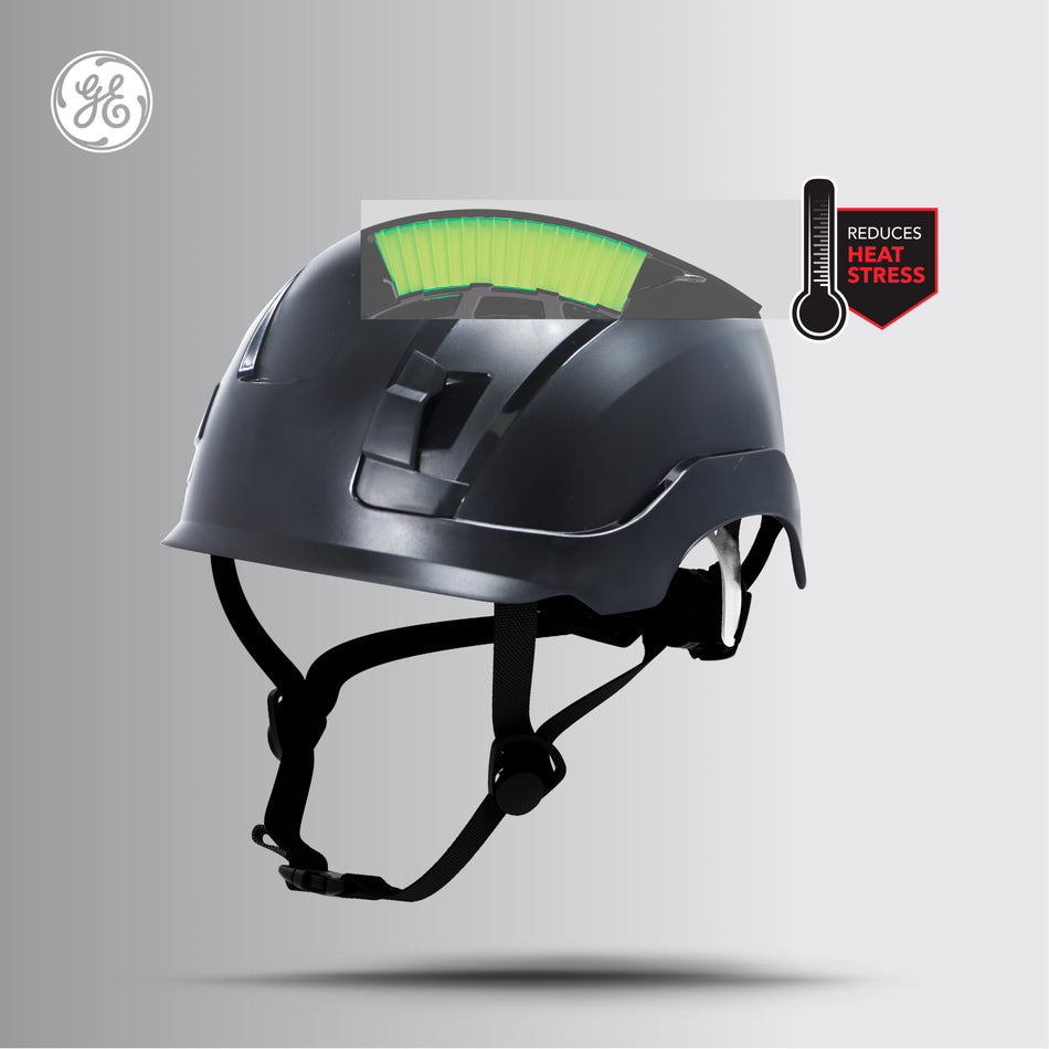 black, Vented | worker wearing helmet on construction site | Vented Type 1 Safety Helmet with Koroyd — GE PPE GH400, ANSI Z89.1-2014 Class C | GH400BK