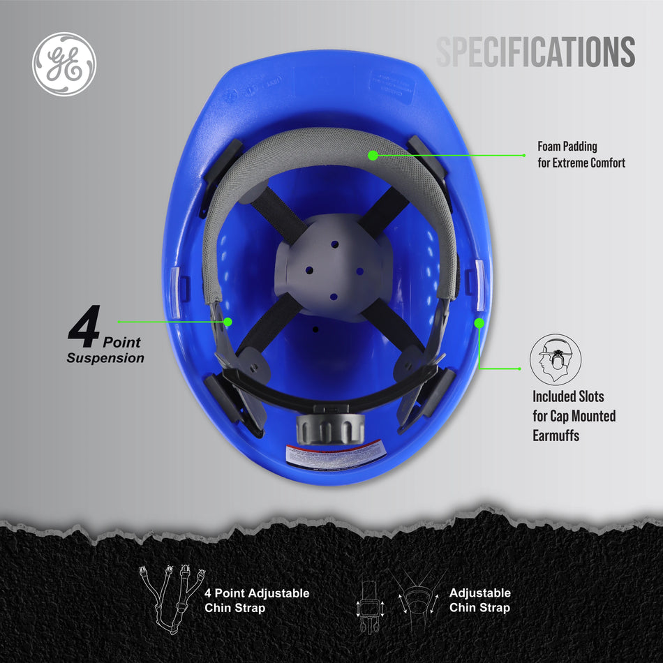 blue | interior view with suspension system details | Vented Cap Style Hard Hat — GE PPE GH326, ANSI Z89.1-2014 Type 1 Class C | GH326B