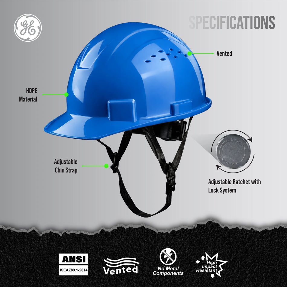blue | front view with labeled specifications and details | Vented Cap Style Hard Hat — GE PPE GH326, ANSI Z89.1-2014 Type 1 Class C | GH326B