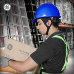blue | model wearing hard hat in industrial setting | Vented Cap Style Hard Hat — GE PPE GH326, ANSI Z89.1-2014 Type 1 Class C | GH326B