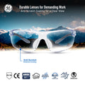 blue/gray, Clear Anti-Fog | front view with mountain landscape reflection | Frameless Dielectric Safety Glasses — GE PPE 02 Series, ANSI Z87.1 & EN 166 | GE202CAF