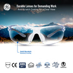 blue/gray, Clear Anti-Fog | front view with mountain landscape reflection | Frameless Dielectric Safety Glasses — GE PPE 02 Series, ANSI Z87.1 & EN 166 | GE202CAF