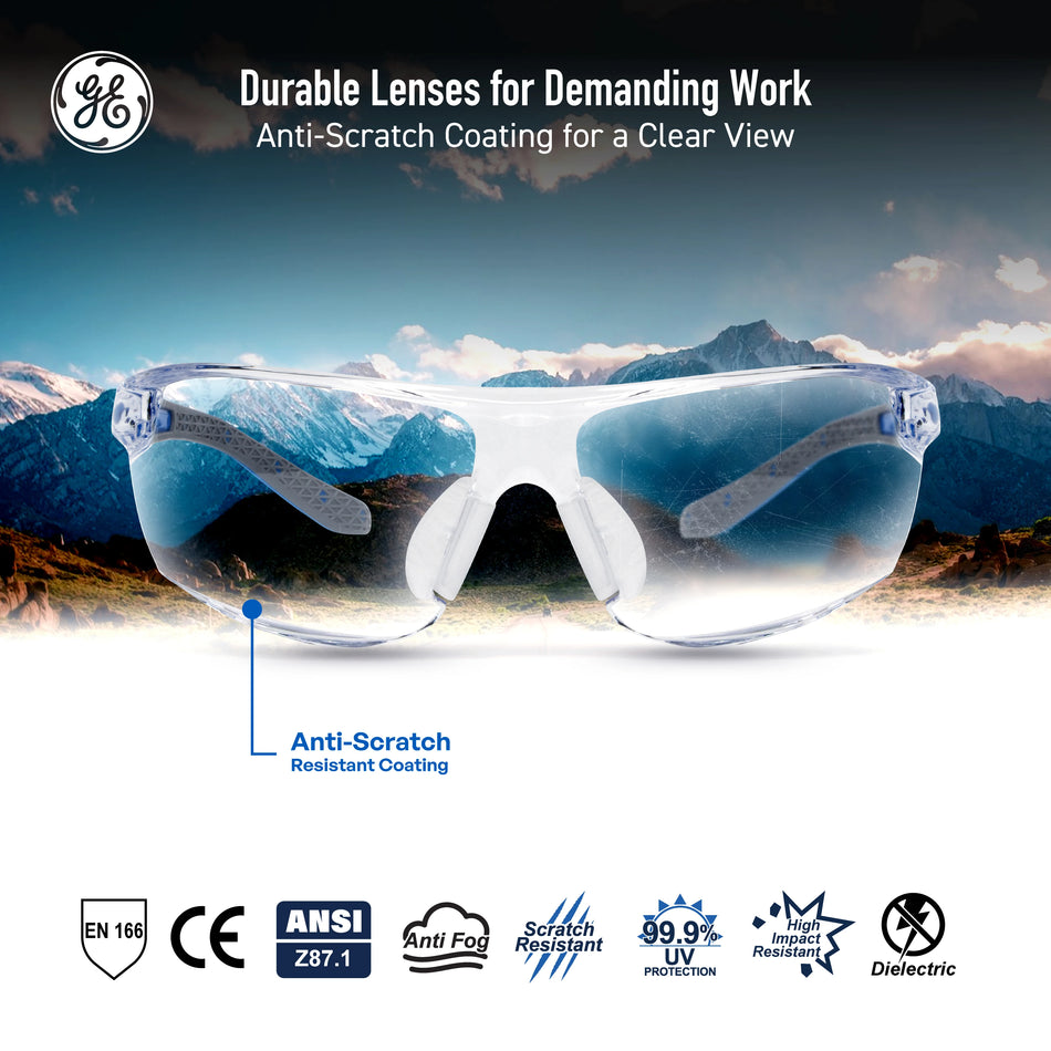blue/gray, Clear Anti-Fog | front view with mountain landscape reflection | Frameless Dielectric Safety Glasses — GE PPE 02 Series, ANSI Z87.1 & EN 166 | GE202CAF