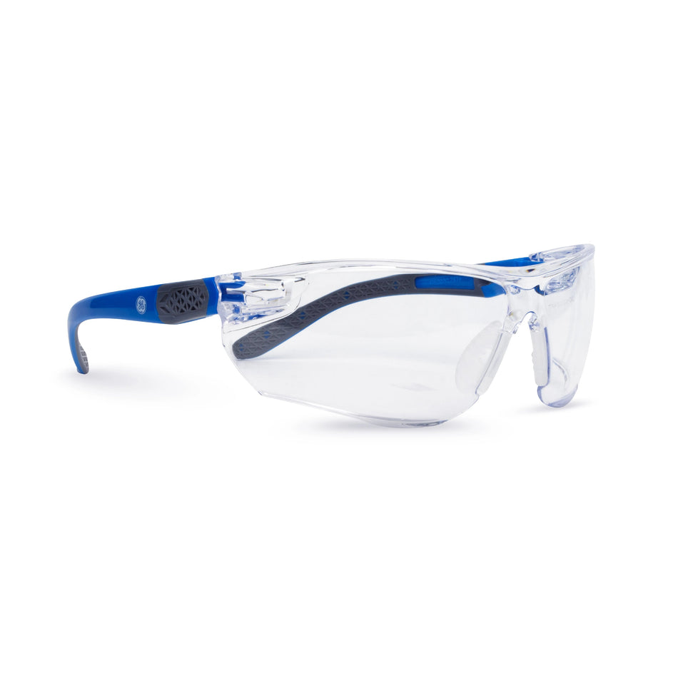 blue/gray, Clear Anti-Fog | side view showing blue temple details | Frameless Dielectric Safety Glasses — GE PPE 02 Series, ANSI Z87.1 & EN 166 | GE202CAF