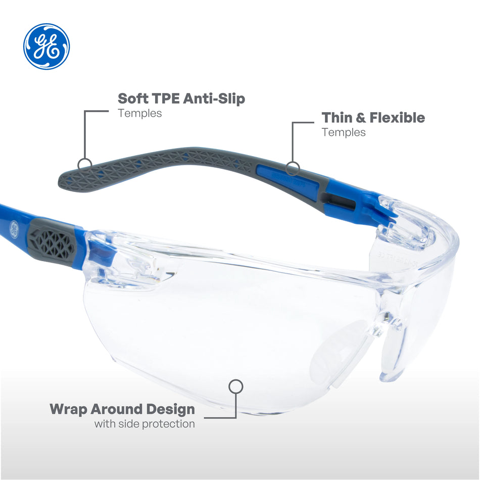 blue/gray, Clear Anti-Scratch | three-quarter view highlighting temple features | Frameless Dielectric Safety Glasses — GE PPE 02 Series, ANSI Z87.1 & EN 166 | GE202C