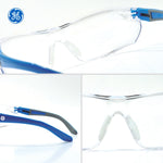 blue/gray, Clear Anti-Scratch | multiple angles showing frame and details | Frameless Dielectric Safety Glasses — GE PPE 02 Series, ANSI Z87.1 & EN 166 | GE202C