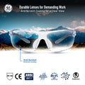 blue/gray, Clear Anti-Scratch | front view with mountain landscape reflection | Frameless Dielectric Safety Glasses — GE PPE 02 Series, ANSI Z87.1 & EN 166 | GE202C
