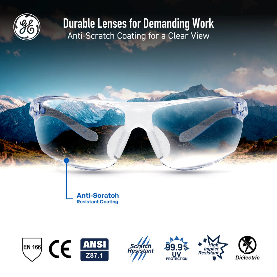 blue/gray, Clear Anti-Scratch | front view with mountain landscape reflection | Frameless Dielectric Safety Glasses — GE PPE 02 Series, ANSI Z87.1 & EN 166 | GE202C