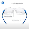 blue/gray, Clear Anti-Fog | front view with feature callouts labeled | Frameless Dielectric Safety Glasses — GE PPE 02 Series, ANSI Z87.1 & EN 166 | GE202CAF