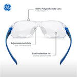 blue/gray, Clear Anti-Fog | front view with feature callouts labeled | Frameless Dielectric Safety Glasses — GE PPE 02 Series, ANSI Z87.1 & EN 166 | GE202CAF