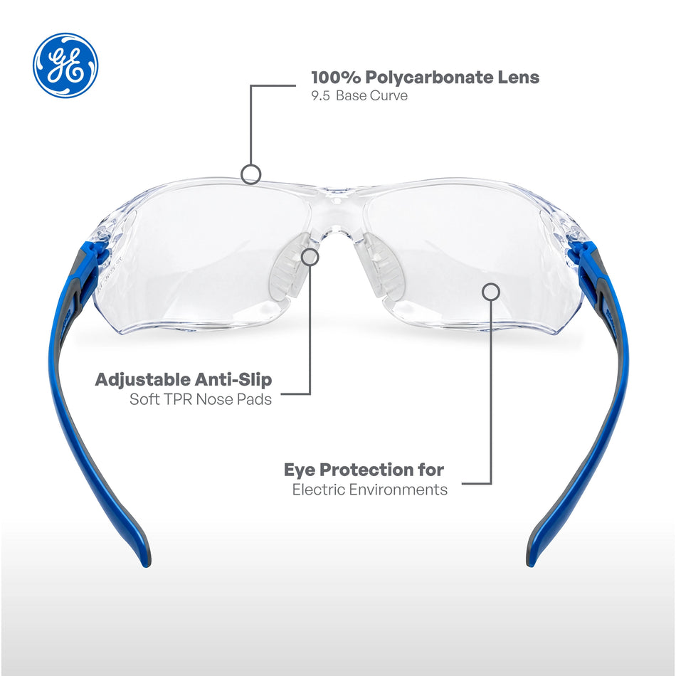 blue/gray, Clear Anti-Fog | front view with feature callouts labeled | Frameless Dielectric Safety Glasses — GE PPE 02 Series, ANSI Z87.1 & EN 166 | GE202CAF