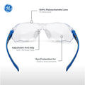 blue/gray, Clear Anti-Scratch | front view with feature callouts labeled | Frameless Dielectric Safety Glasses — GE PPE 02 Series, ANSI Z87.1 & EN 166 | GE202C
