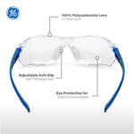 blue/gray, Clear Anti-Scratch | front view with feature callouts labeled | Frameless Dielectric Safety Glasses — GE PPE 02 Series, ANSI Z87.1 & EN 166 | GE202C