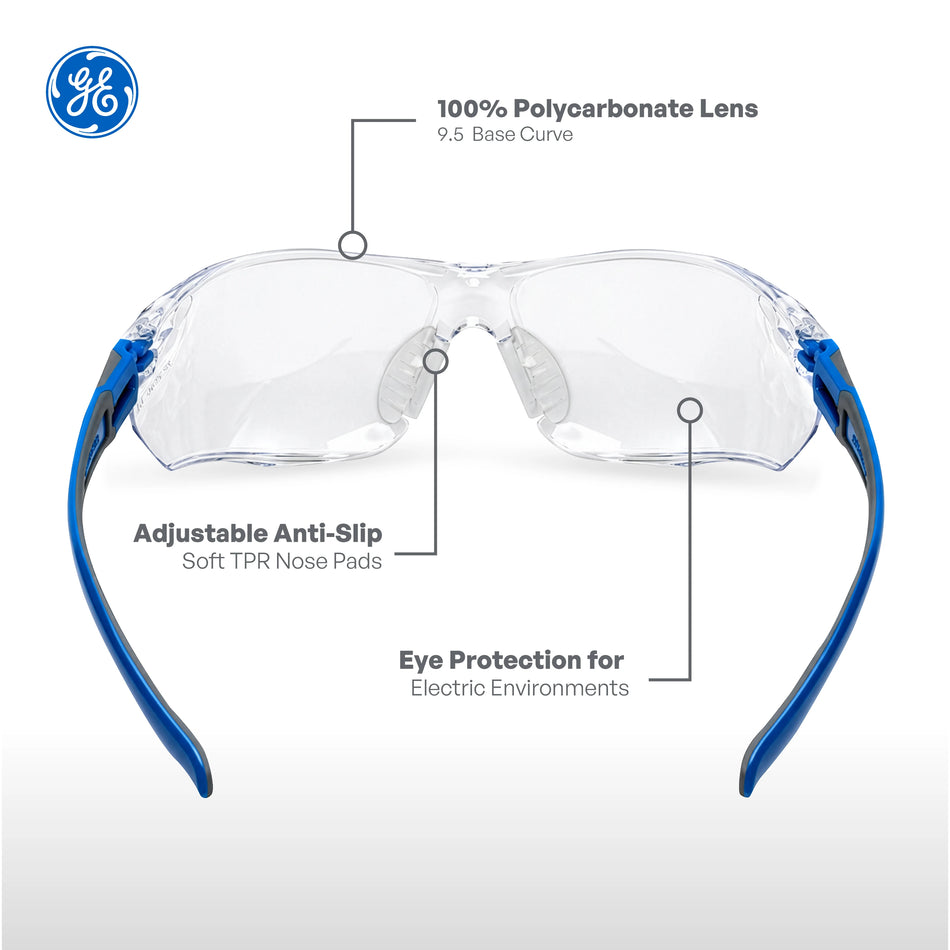 blue/gray, Clear Anti-Scratch | front view with feature callouts labeled | Frameless Dielectric Safety Glasses — GE PPE 02 Series, ANSI Z87.1 & EN 166 | GE202C