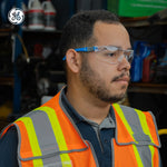 blue/gray, Clear Anti-Scratch | model wearing safety glasses profile view | Frameless Dielectric Safety Glasses — GE PPE 02 Series, ANSI Z87.1 & EN 166 | GE202C