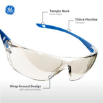 blue, I/O Mirror Anti-Fog | side angle with feature callouts labeled | Frameless Safety Glasses — GE PPE 03 Series, ANSI Z87.1 | GE103MAF