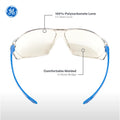 blue, I/O Mirror Anti-Fog | front view with feature callouts highlighted | Frameless Safety Glasses — GE PPE 03 Series, ANSI Z87.1 | GE103MAF