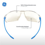 blue, I/O Mirror Anti-Fog | front view with feature callouts highlighted | Frameless Safety Glasses — GE PPE 03 Series, ANSI Z87.1 | GE103MAF