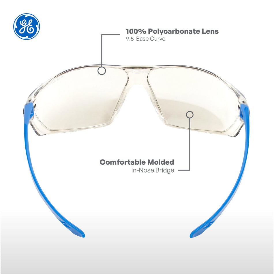 blue, I/O Mirror Anti-Fog | front view with feature callouts highlighted | Frameless Safety Glasses — GE PPE 03 Series, ANSI Z87.1 | GE103MAF