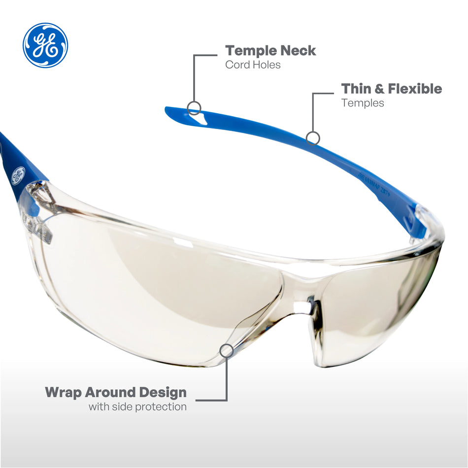 blue, I/O Mirror Anti-Fog | side angle with feature callouts labeled | Frameless Safety Glasses — GE PPE 03 Series, ANSI Z87.1 | GE103MAF