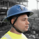 blue | model wearing full brim helmet side profile | Full Brim Accessory — GE PPE GH626 | GH626B