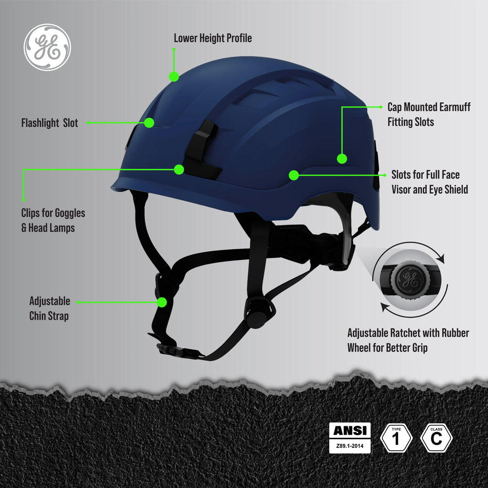 blue, Non-Vented | ANSI Type 1, Class C | Non-Vented Type 1 Safety Helmet with Koroyd — GE PPE GH401, ANSI Z89.1-2014 Class E | GH401B