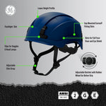blue, Non-Vented | technical diagram with labeled features | Non-Vented Type 2 Safety Helmet with Koroyd — GE PPE GH501, ANSI Z89.1-2014 Class E & G | GH501B