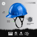 blue | side angle with labeled specifications diagram | Cap Style Hard Hat — GE PPE GH327, ANSI Z89.1-2014 Type 1 Class E Dielectric | GH327B