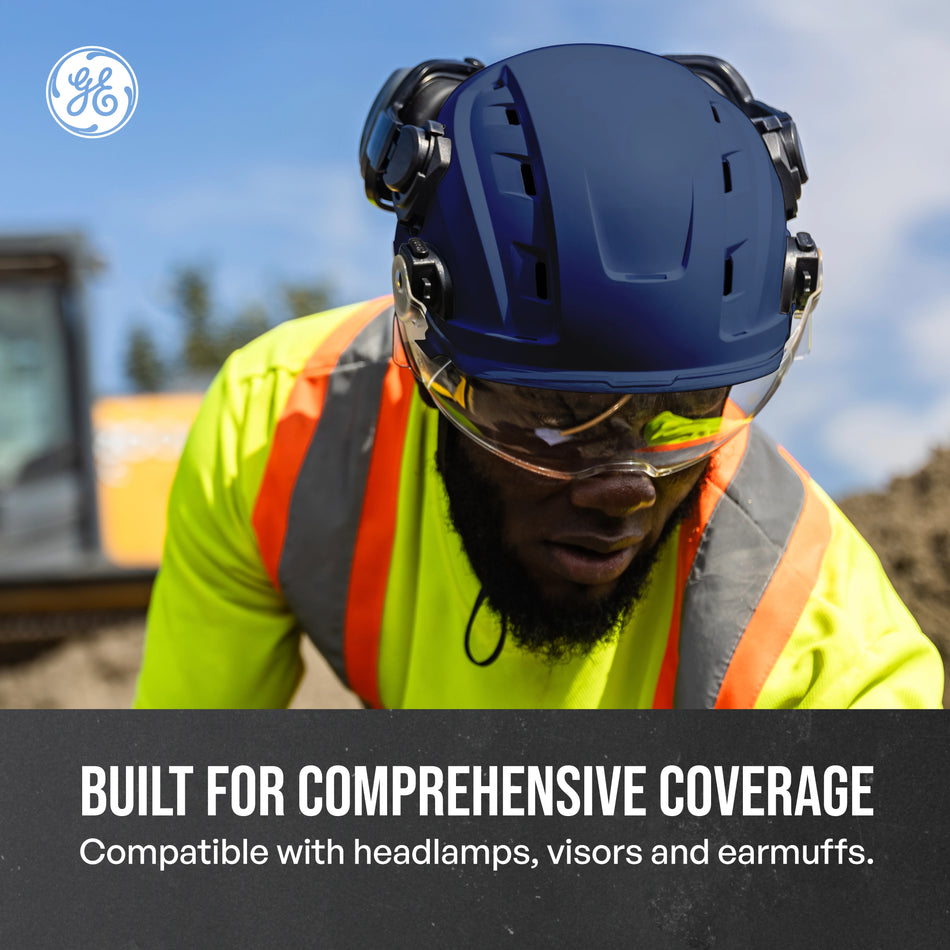 blue, Vented | worker wearing helmet on construction site | Vented Type 1 Safety Helmet with Koroyd — GE PPE GH400, ANSI Z89.1-2014 Class C | GH400B