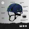 blue, Vented | side view with labeled features highlighted | Vented Type 1 Safety Helmet with Koroyd — GE PPE GH400, ANSI Z89.1-2014 Class C | GH400B