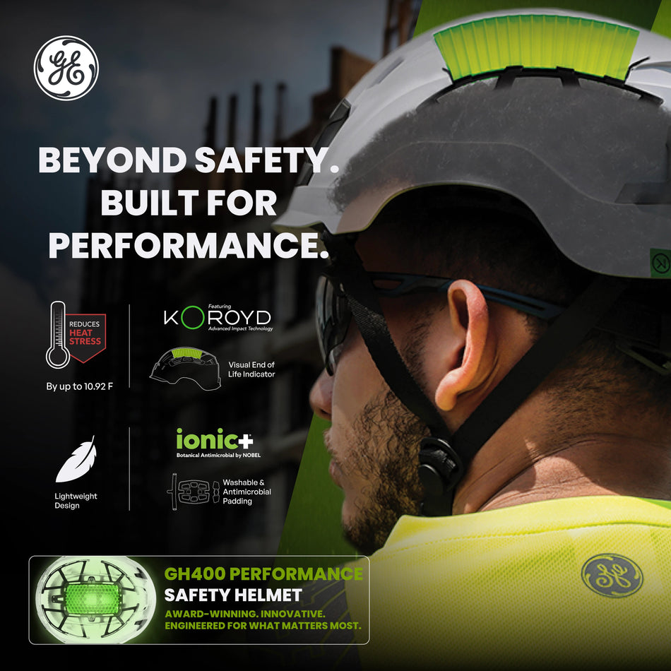 gray, Vented | side profile of worker wearing helmet | Vented Type 1 Safety Helmet with Koroyd — GE PPE GH400, ANSI Z89.1-2014 Class C | GH400G