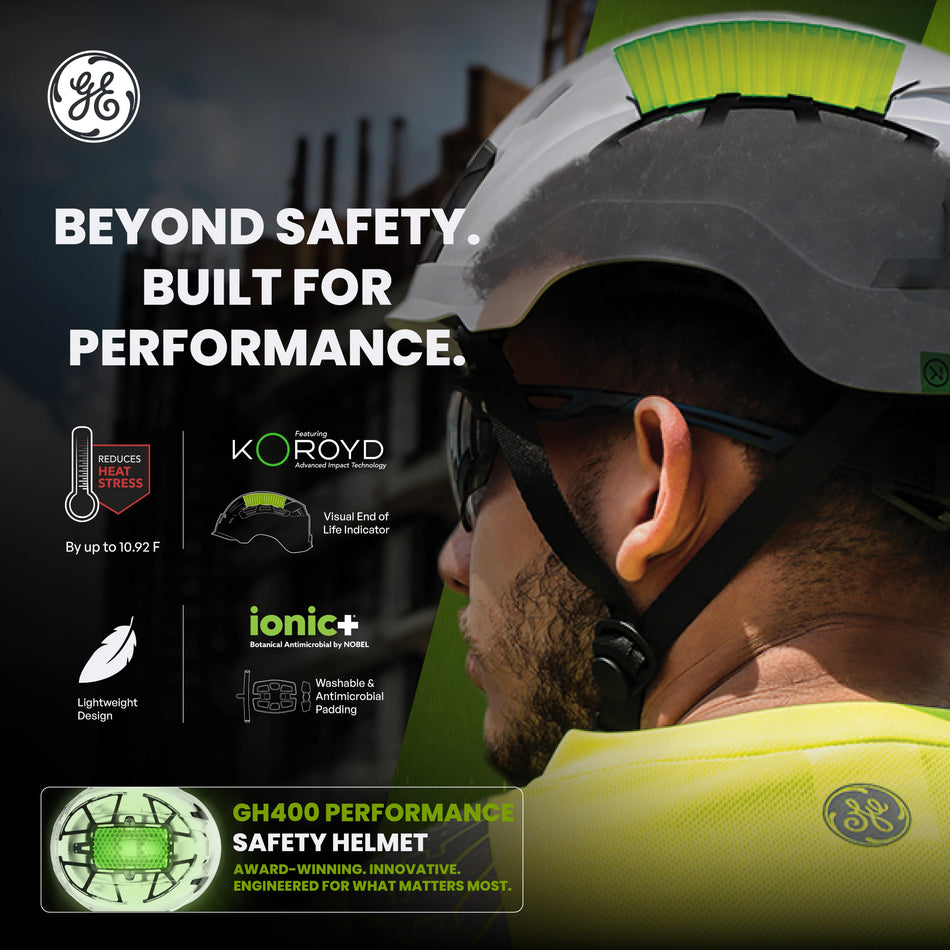 blue, Vented | model wearing helmet side profile outdoors | Vented Type 1 Safety Helmet with Koroyd — GE PPE GH400, ANSI Z89.1-2014 Class C | GH400B