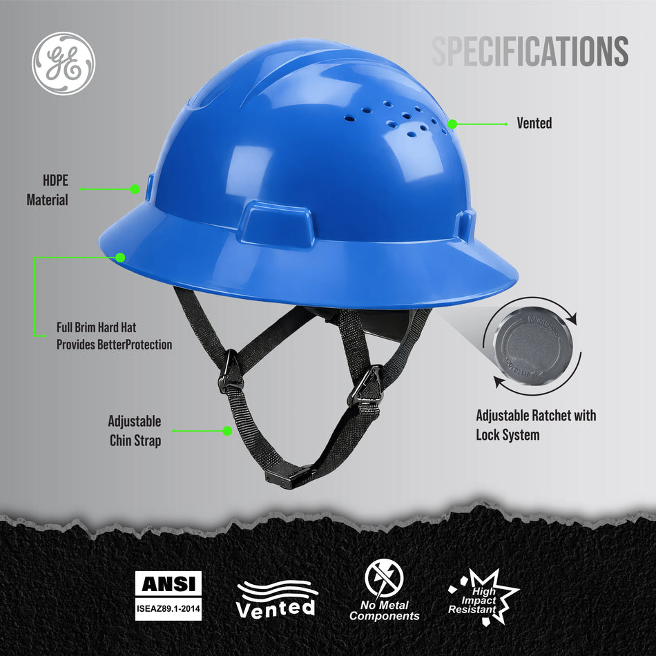 blue | three-quarter front view with callout labels | Vented Full Brim Hard Hat — GE PPE GH328, ANSI Z89.1-2014 Type 1 Class C | GH328B