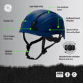 blue, Vented | helmet interior detail and model wearing helmet | Vented Type 2 Safety Helmet with Koroyd — GE PPE GH500, ANSI Z89.1 Class C | GH500B