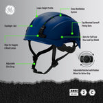 blue, Vented | helmet interior detail and model wearing helmet | Vented Type 2 Safety Helmet with Koroyd — GE PPE GH500, ANSI Z89.1 Class C | GH500B
