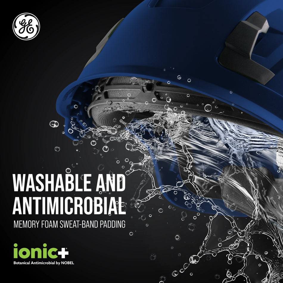 blue, Vented | water splash action shot with helmet | Vented Type 1 Safety Helmet with Koroyd — GE PPE GH400, ANSI Z89.1-2014 Class C | GH400B