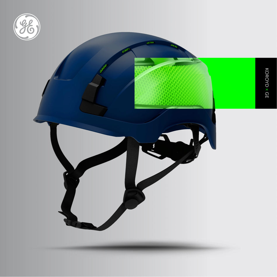 blue, Vented | person wearing helmet at construction site | Vented Type 2 Safety Helmet with Koroyd — GE PPE GH500, ANSI Z89.1 Class C | GH500B