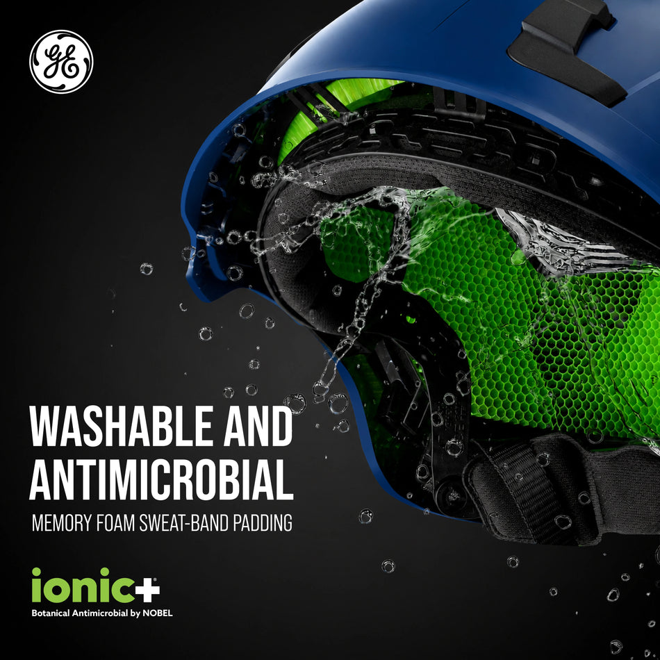 blue, Vented | three-quarter view with cooling technology highlighted | Vented Type 2 Safety Helmet with Koroyd — GE PPE GH500, ANSI Z89.1 Class C | GH500B