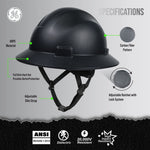 carbon black | three-quarter view with specification callouts | Full Brim Hard Hat — GE PPE GH329, ANSI Z89.1-2014 Type 1 Class E Dielectric | GH329CB