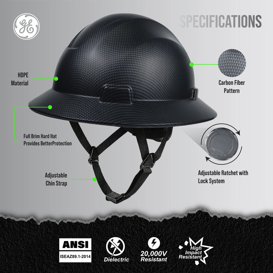 carbon black | three-quarter view with specification callouts | Full Brim Hard Hat — GE PPE GH329, ANSI Z89.1-2014 Type 1 Class E Dielectric | GH329CB
