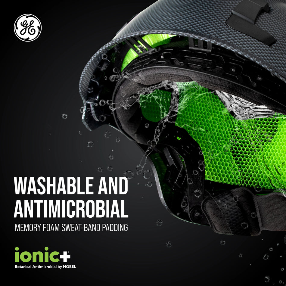 carbon black, Non-Vented | close-up of interior padding with water droplets | Non-Vented Type 2 Safety Helmet with Koroyd — GE PPE GH501, ANSI Z89.1-2014 Class E & G | GH501CB
