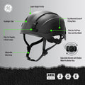 carbon black, Non-Vented | side view with labeled features and specifications | Non-Vented Type 2 Safety Helmet with Koroyd — GE PPE GH501, ANSI Z89.1-2014 Class E & G | GH501CB