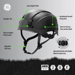 carbon black, Non-Vented | side view with labeled features and specifications | Non-Vented Type 2 Safety Helmet with Koroyd — GE PPE GH501, ANSI Z89.1-2014 Class E & G | GH501CB